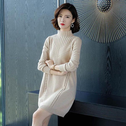 Autumn and Winter Mid-length Sweater Loose Long-sleeved Knitted Bottoming Shirt All-match Half High Collar Dress