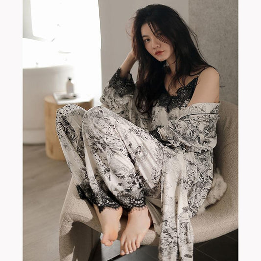 Women's Cotton Long-sleeves Pajamas Set Sexy Lace V-neck Modal Home Wear Retro Floral Printing Camisole Nightgown Pants Three-piece Set