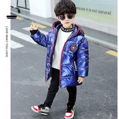 Boys Silver Padded Jacket Fashion Winter Ultraman Children's Padded Jacket Plus Velvet Padded Down Padded Jacket