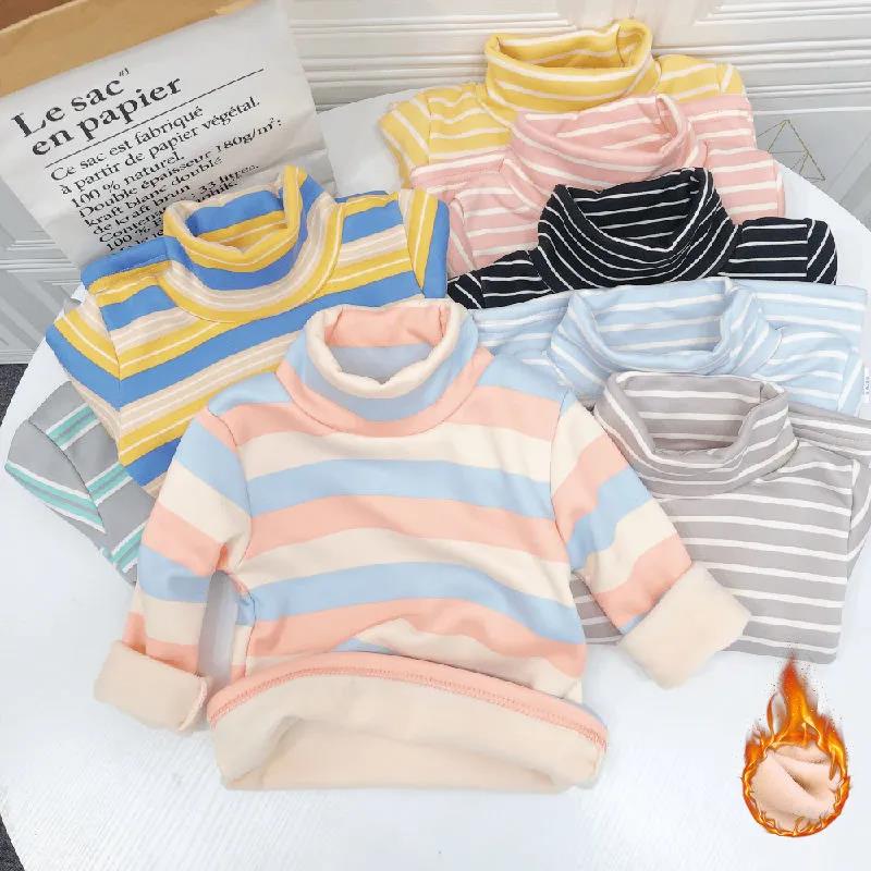 Children's Thermal Underwear Top Winter Turtleneck Bottoming Shirt Children's Clothing with Fleece Stripes