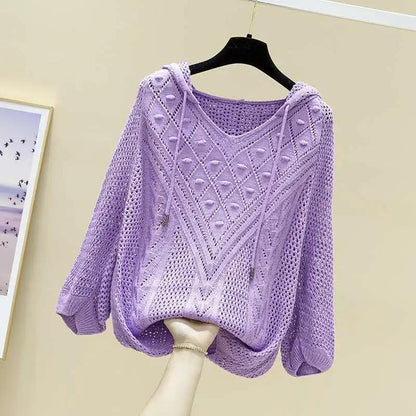 Women's Hollow Knitted Sweater Mid-sleeve Thin Loose Blouse Top Spring and Autumn Girls