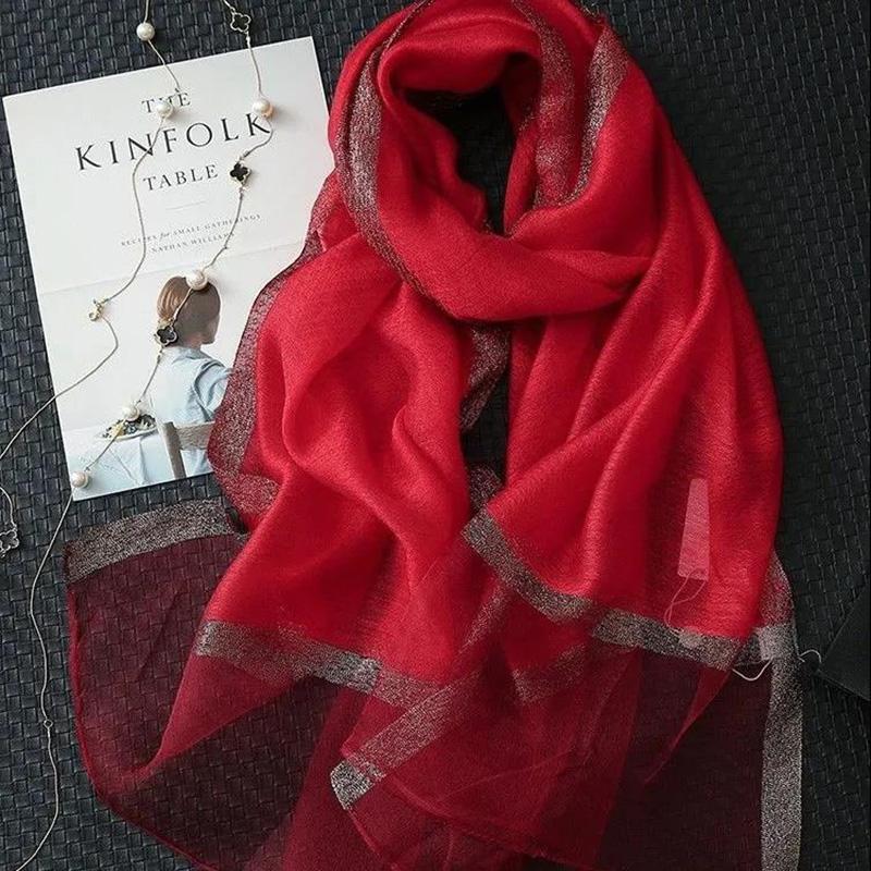 Women's Autumn and Winter Mulberry Silk Scarf Fine Silk Scarf Pure Color Striped All Match Shawl Warm Gauze Scarves Elegant Wrap Shawl Thermal Scarf