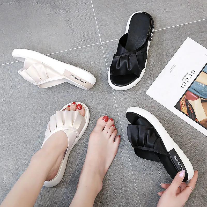 Summer Fashion Korean Version of All-match Flat Sandals Non-slip Soft Bottom Ruffled Outer Wear Simple High-top Slippers