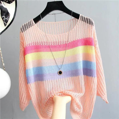 Striped Pullover Sweater Spring Korean Version Hollow Blouse Female Contrast Color Loose Five-point Sleeve Bottoming Shirt Breathable Cool Top