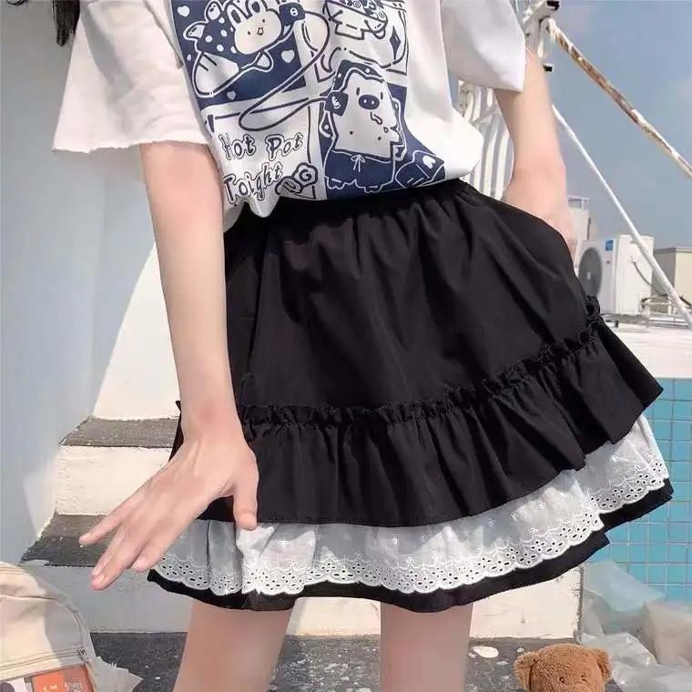 Woman Skirts Summer Casual A-line Skirt Girls JK Mini Skirts Solid Color Elastic High Waist Skirt Loose Lace Ball Gown