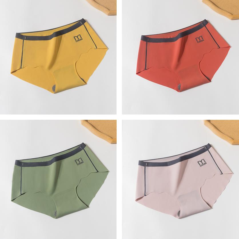 4Pcs/Set Ice Silk Seamless Underpants Women's Color Matching Mid-waist Briefs Graphene Antibacterial Casual Panties