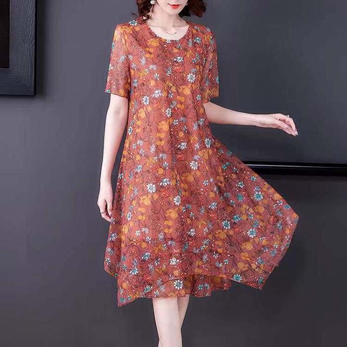 Large Size Short-sleeved Dress Women Summer Mid-length Round Neck Print Small Floral Comfort and Cool