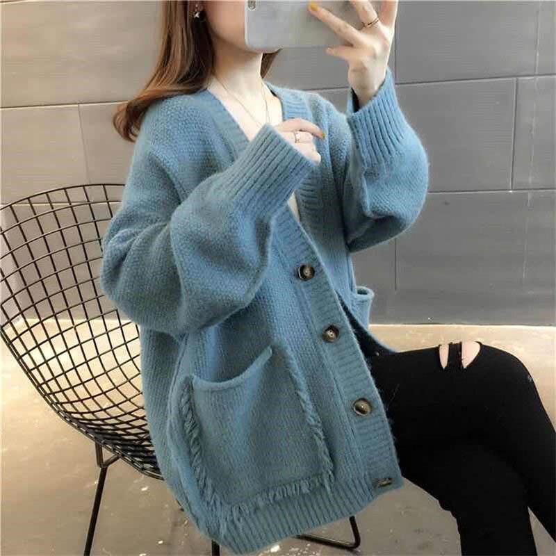 Women's Loose Knit Cardigan Spring and Autumn V-neck Blouse Wear All-match Tassel Sweater Coat