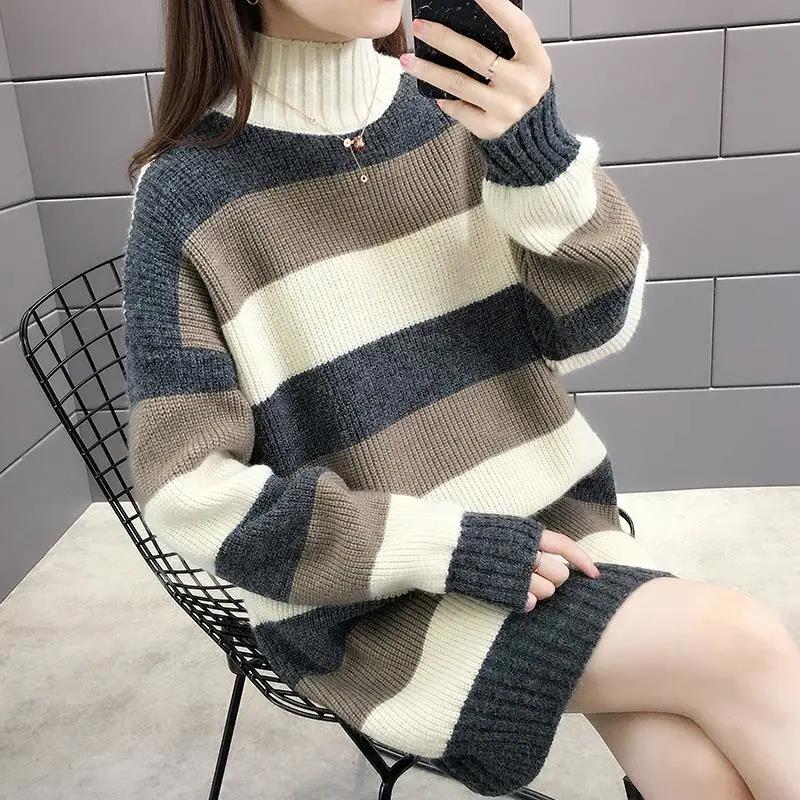 Women's Spring and Autumn Large Size Striped Versatile Loose Knitted Tops Long Sleeve Casual Mid-length Thick Sweaters