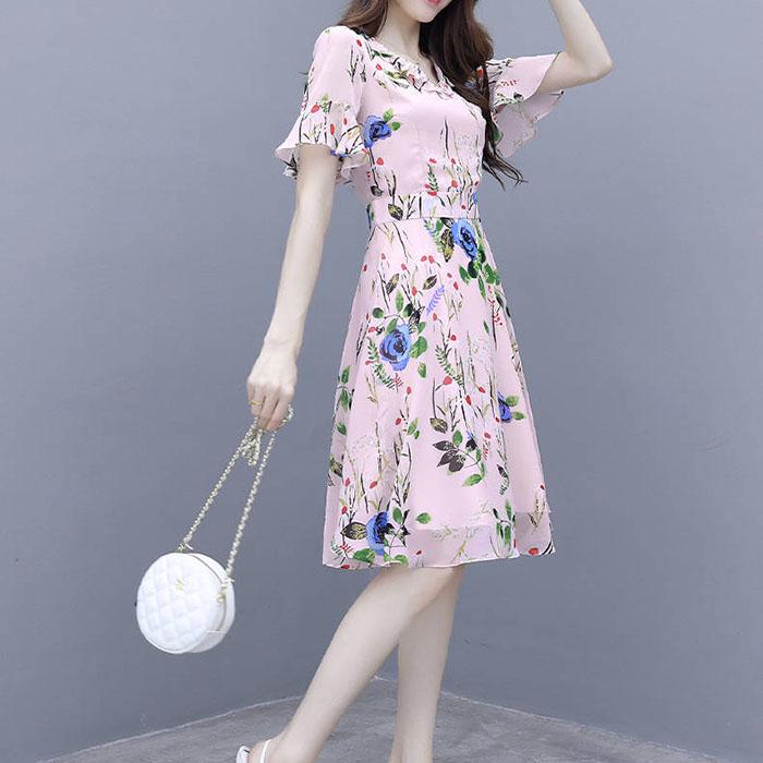 Pofulove S-2XL Women Summer High-end Floral Chiffon Dress Short-sleeved V-neck A-line Sun-dresses