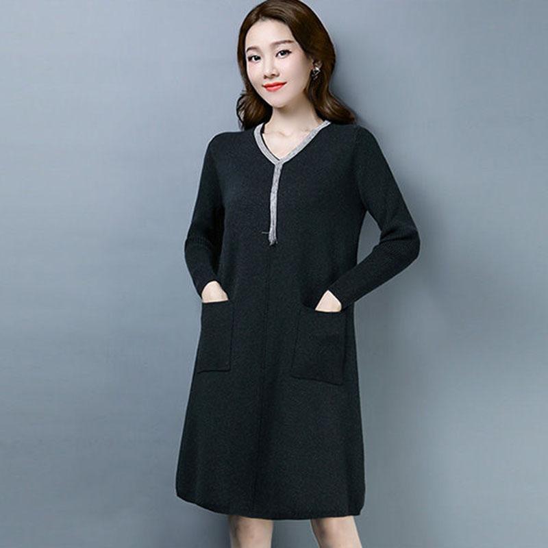 Autumn and Winter Knitted Simple Dress Mid-length Fashion Casual Bottoming Skirt Middle-aged Women Sweater Dress