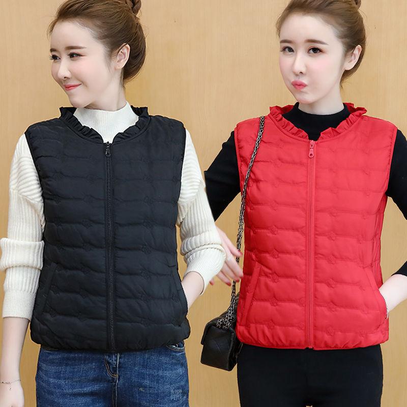 Round Neck Down Cotton Vest Women's Short Light Thin Autumn and Winter Thin Cotton Waistcoat Waistcoat Bread Cotton Vest Jacket