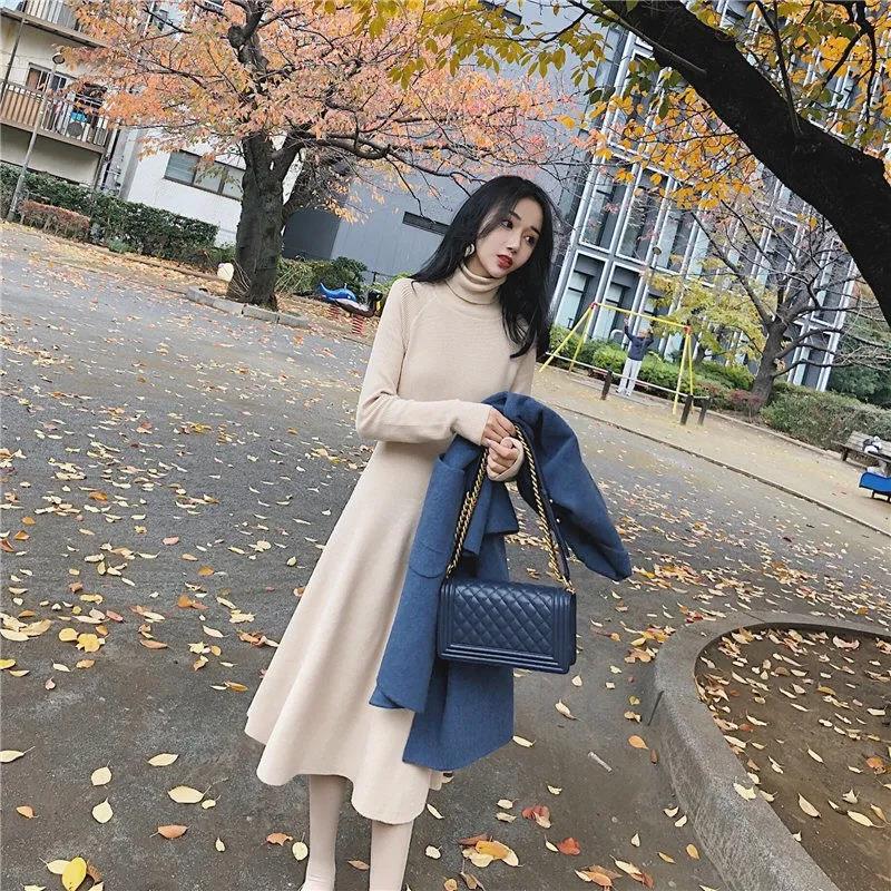 Autumn and Winter Sweater Women's Pullover Mid-length Over The Knee Fresh and Sweet Bottoming Shirt High-neck Knitted Dress