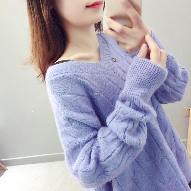 Knitted Sweater V-Neck Long Sleeve Pullovers Loose Coat Casual Autumn Winter Women's Sweater