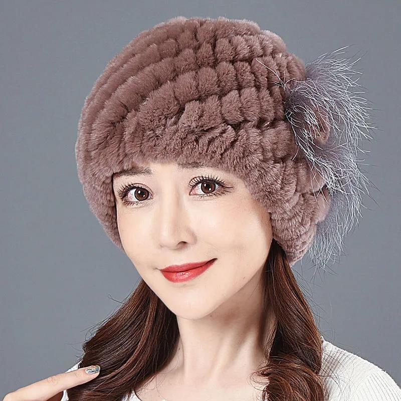 Winter Women's Fur Hat Fashion Imitation Rex Rabbit Fur Hat Warm Knitted Woolen Hat