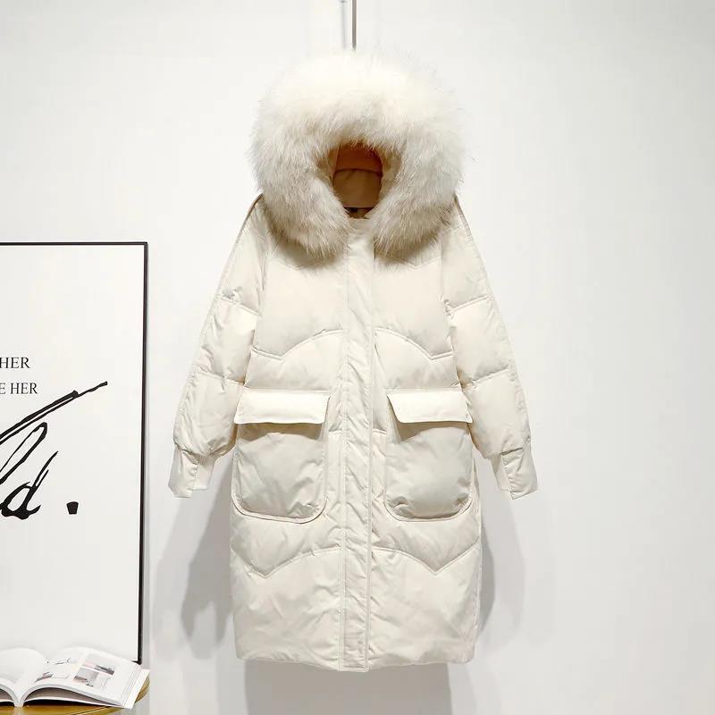 Down Jacket Winter Ladies Fashion Korean Big Fur Collar Thick Warm Hooded Mid-length Plus Size Cotton Jacket