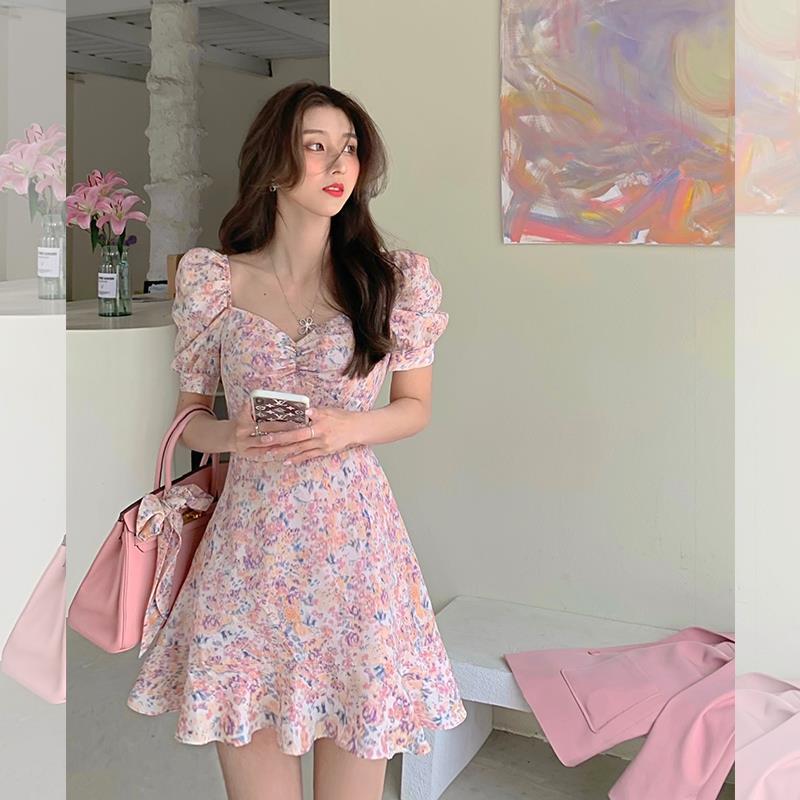 Female Vintage Slim Floral Print Spring Holiday Dress Bubble Sleeve High Waist A-line Elegant Dress