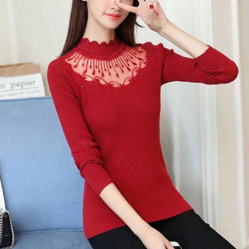 Pofulove Winter Turtleneck Sweater Women Lace Rhinestone Long Sleeve Bottoming Sweater Slim Knit Pullover