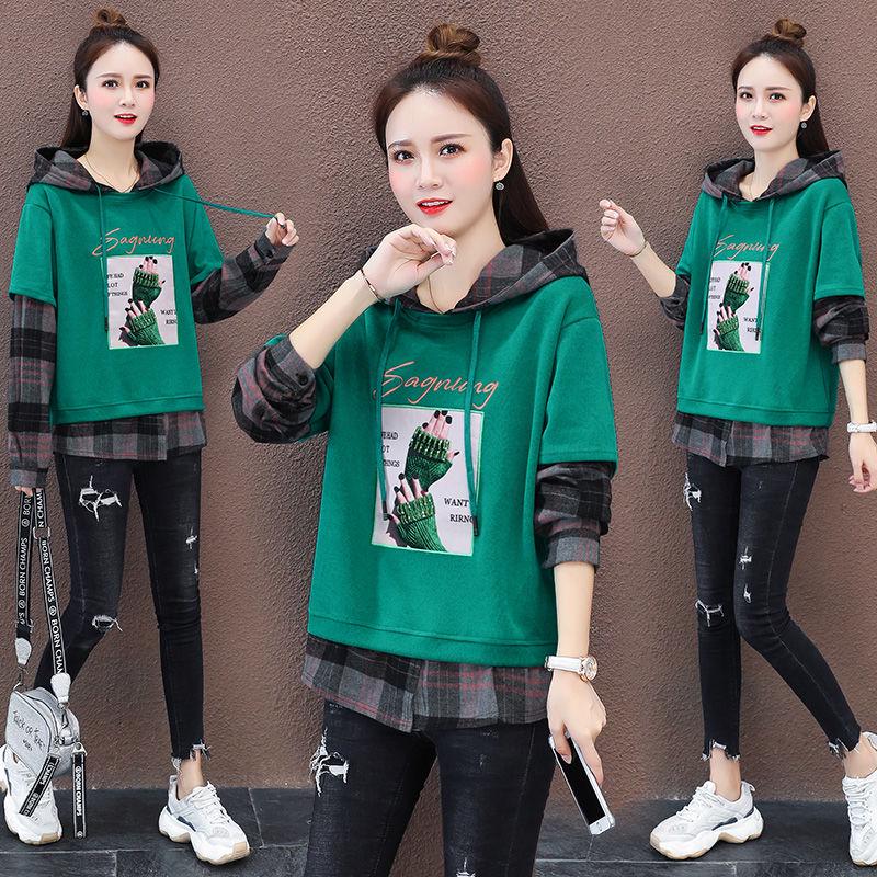 Fake Two Piece Stitching Hooded Sweater Spring and Autumn Loose Long-sleeved Casual Blouse Women