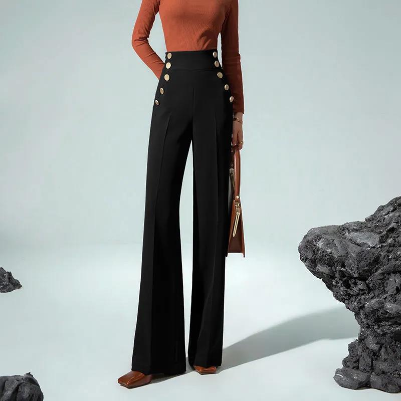 High-end Plus Velvet Ultra-high Waist Wide-leg Pants Autumn and Winter Trousers Drape Straight-leg Pants Double-breasted Slimming Suit Pants Women