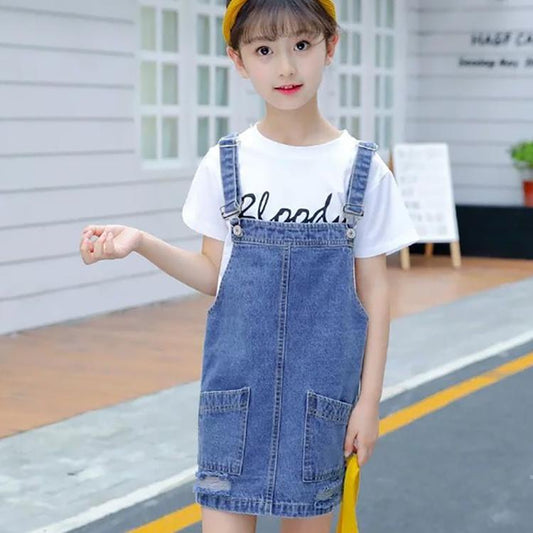 2PCS Children Clothing Set Spring Summer Girls Suits Denim Skirt Solid Color Printing Short Sleeve Strap Skirt Suit Clothing Set