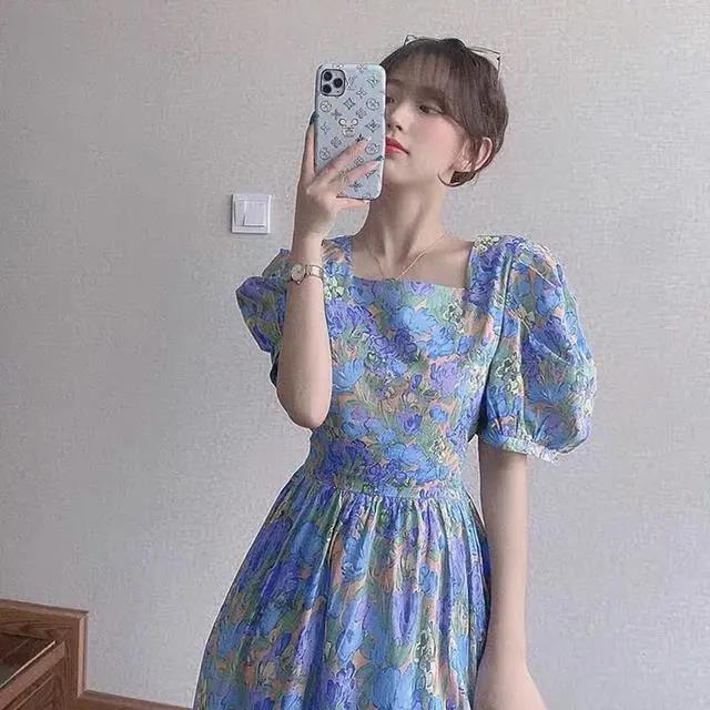 Female Vintage High Waist Super Fairy Holiday Dress Elegant Slim Floral Print Pleated Vacation Dress