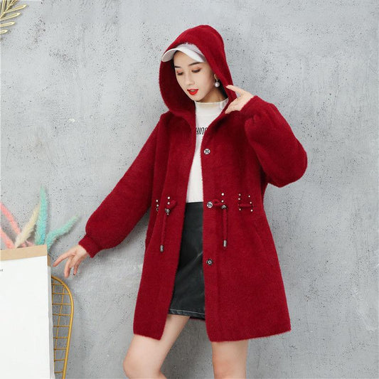 No Pilling Beaded Mid-length Sweater Autumn and Winter Korean Loose Cardigan Thick Long-sleeved Coat