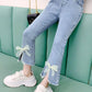 Children's Pants Summer Girls Casual Trousers Flared Pants Slim-fit Jeans Lace Pearl Bow Dot Pants