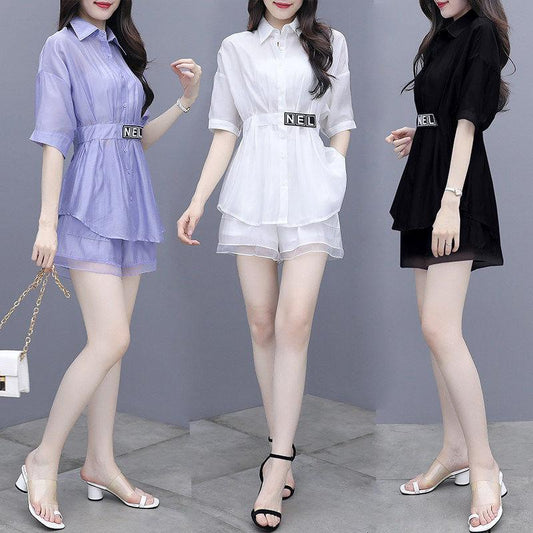 WTEMPO Solid Color Suit Women Shirt Elastic Waist Shorts Short Sleeves S-XXXL Casual Two-piece Suit