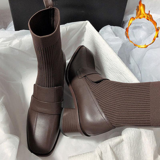 Retro Thick Heel Short Boots Women's Knitted Stretch Boots Chelsea Boots Martin Boots Plus Velvet Warm Snow Boots Autumn and Winter