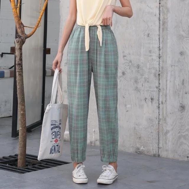 Women's Spring Summer Large Size Elastic Waist Harem Pants Female Casual Wide Leg Loose Plaid Jogging Pants