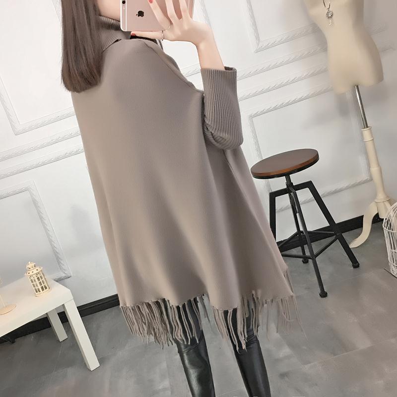 Autumn and Winter High Neck Tassel Sweater Pullover Mid-length Loose Top Knitted Casual Women's Bat Shirt