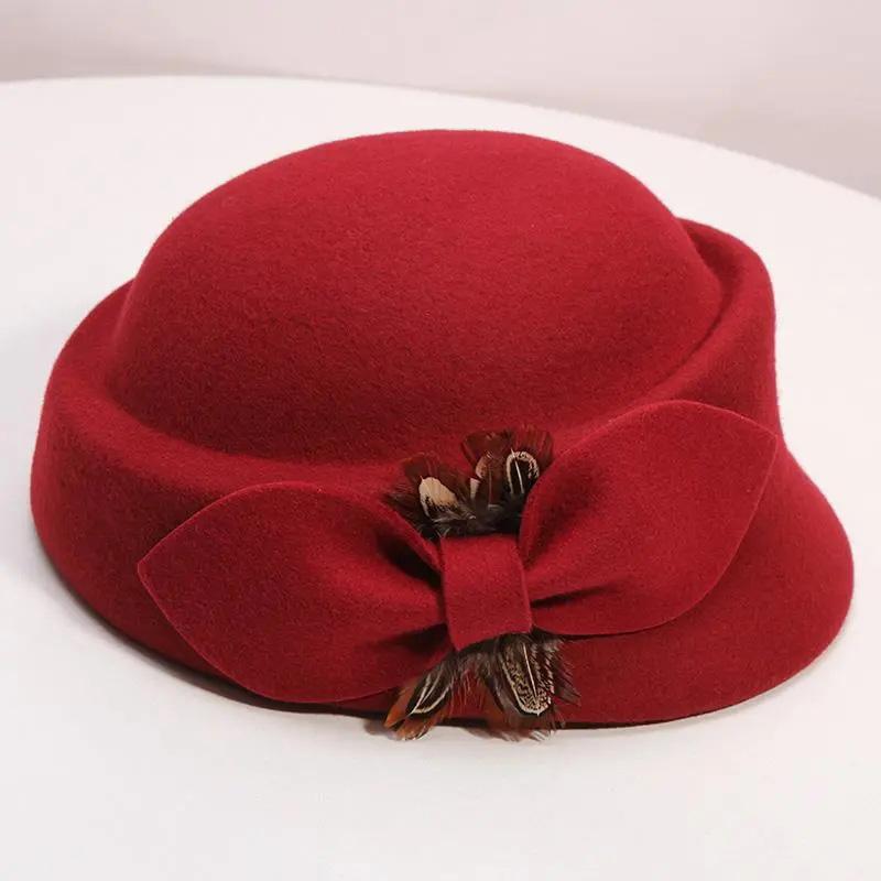 Women's Winter Elegant Hat Retro Vintage Feather Bow Woolen Beret Top Hat Simple Style All-match Round Bucket Beret Hat Fedoras