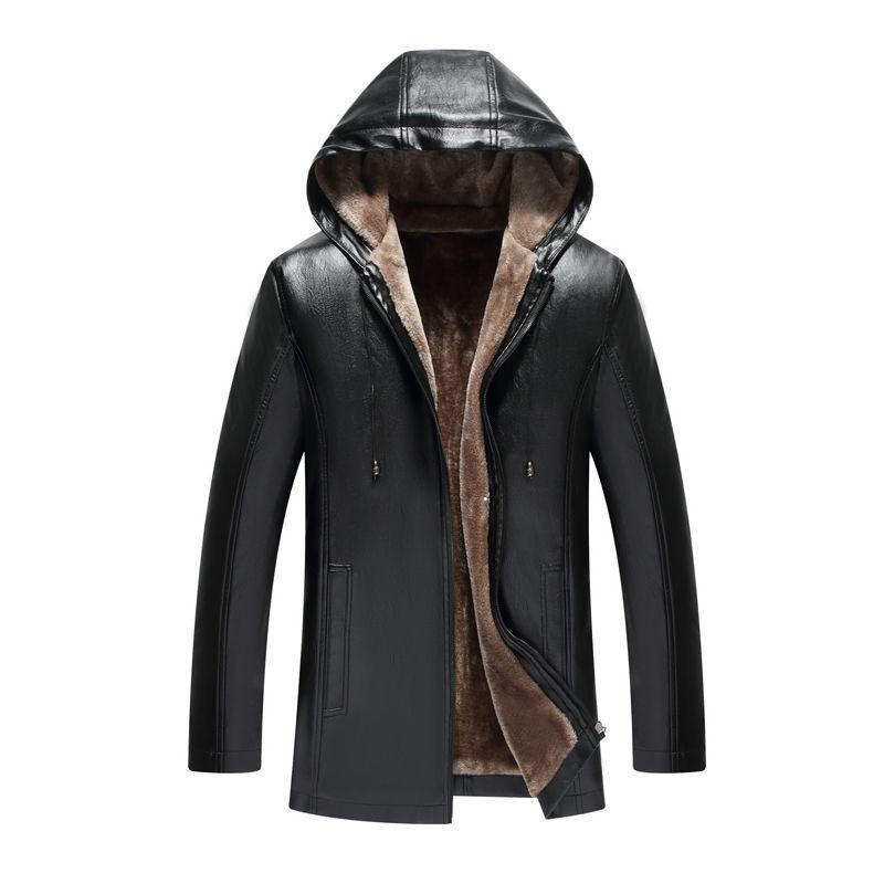 Pure Color Men's Casual Leather Jacket Plus Velvet Thick Leather Jacket Hooded Leather Jacket Men