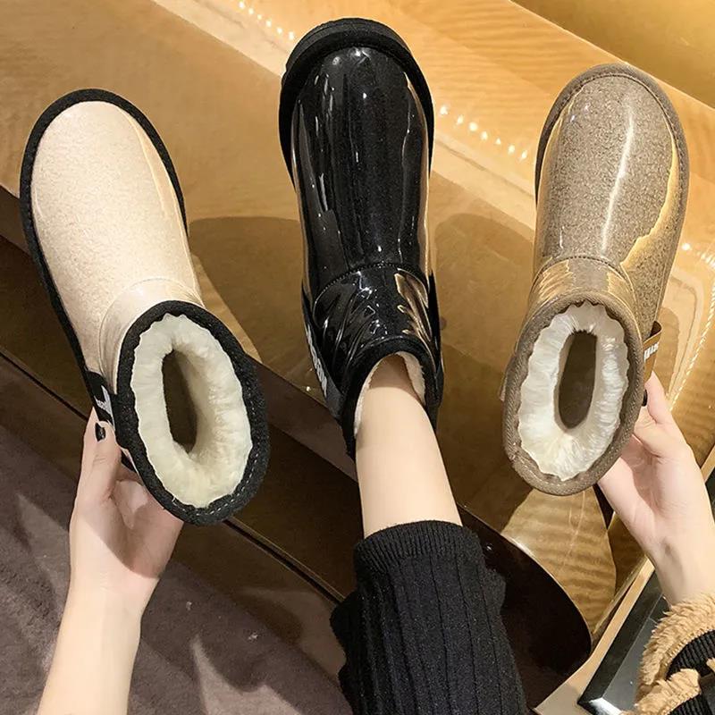 Snow Boots Women Winter Short Tube Transparent Waterproof Boots Korean Style Plus Cotton Shoes