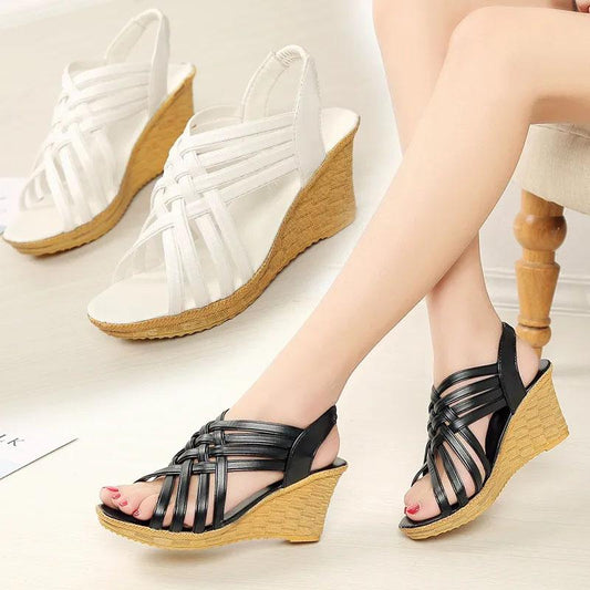 Women's Summer Wedge Sandals Platform Open Toe High Heels Thin Strap Korean Casual Shoes Knitted Roman Sandals