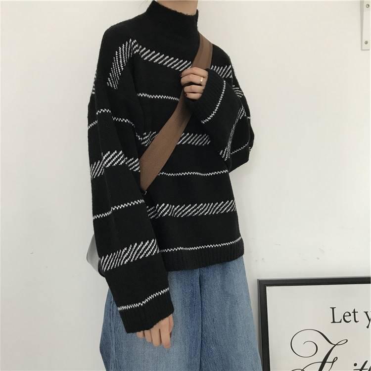 Pofulove Autumn Winter Pullover Striped Turtleneck Short Sweater Female Loose Long-sleeved Sweater