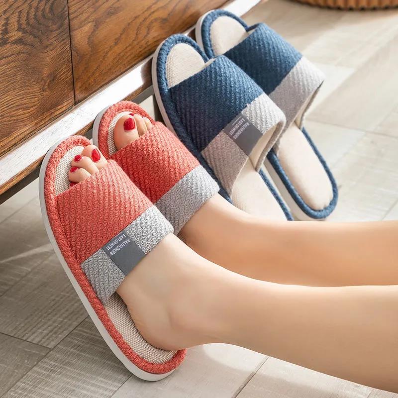 Men's Spring and Autumn Home Linen Slippers Home Indoor Couples Thick Bottom Non-slip Cotton Linen Breathable Four Seasons Slippers