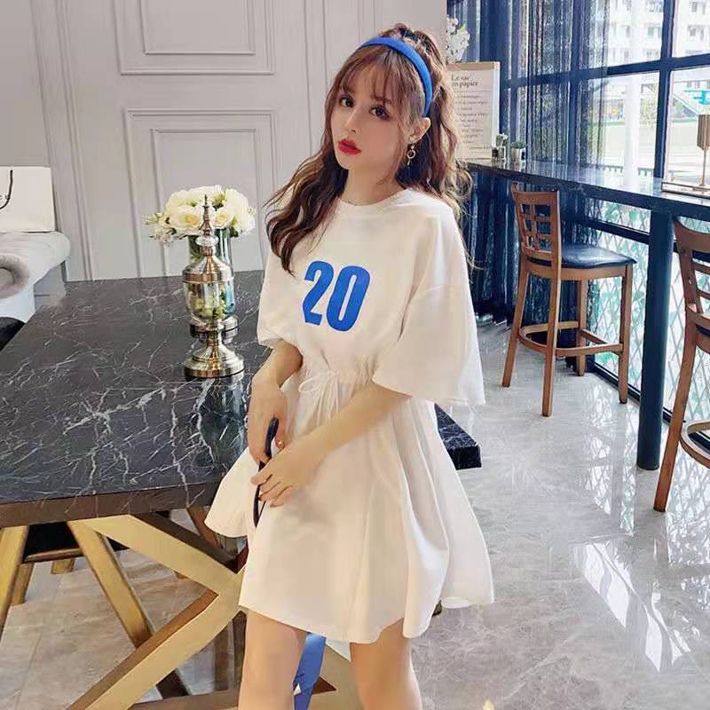 T-shirt Dress Mid-length Women's Summer Waist Waist Was Thinner Drawstring Loose Leisure Sports Style Short Dress