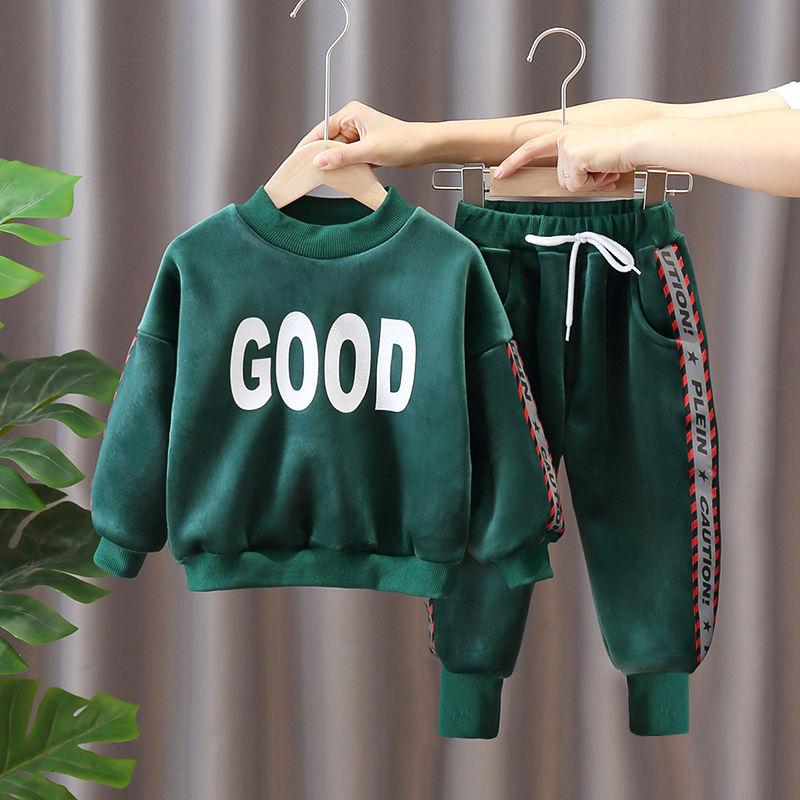 2021 Children's Clothing Plus Fleece Boy Middle and Small Children's Sweater Suit Double-sided Fleece Baby Casual Korean Two-piece Suit