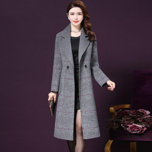 2019 Autumn Winter Wool Women Plaid Pockets Blends Office Work Long Coats Fashion Brand Lady Slim