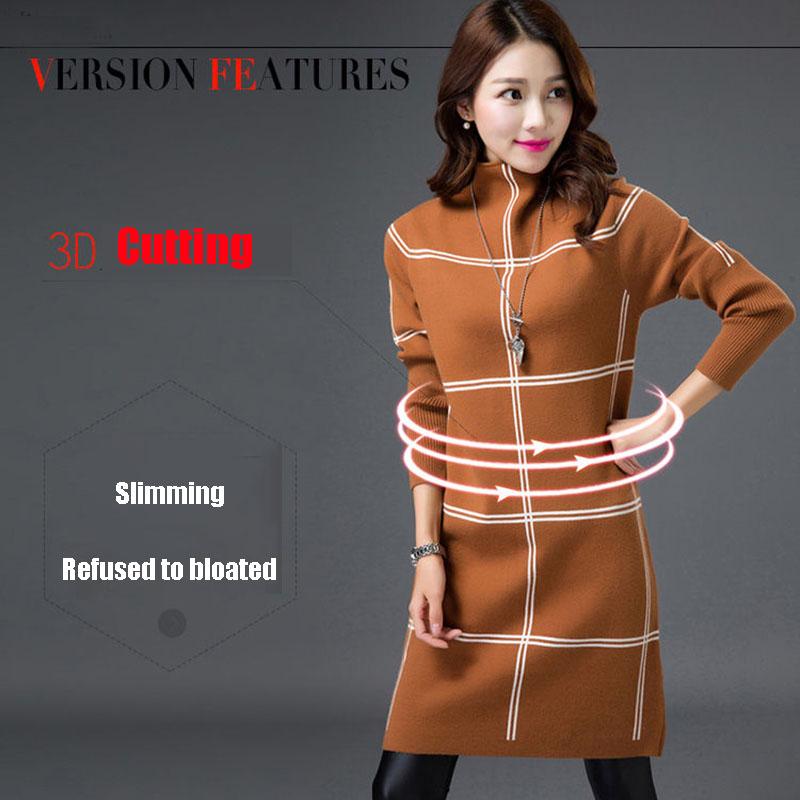 Autumn Winter Plaid Turtleneck Sweater Women Long Thick Pullover Sweater Dress All-match Bottoming Shirt Jumper Top