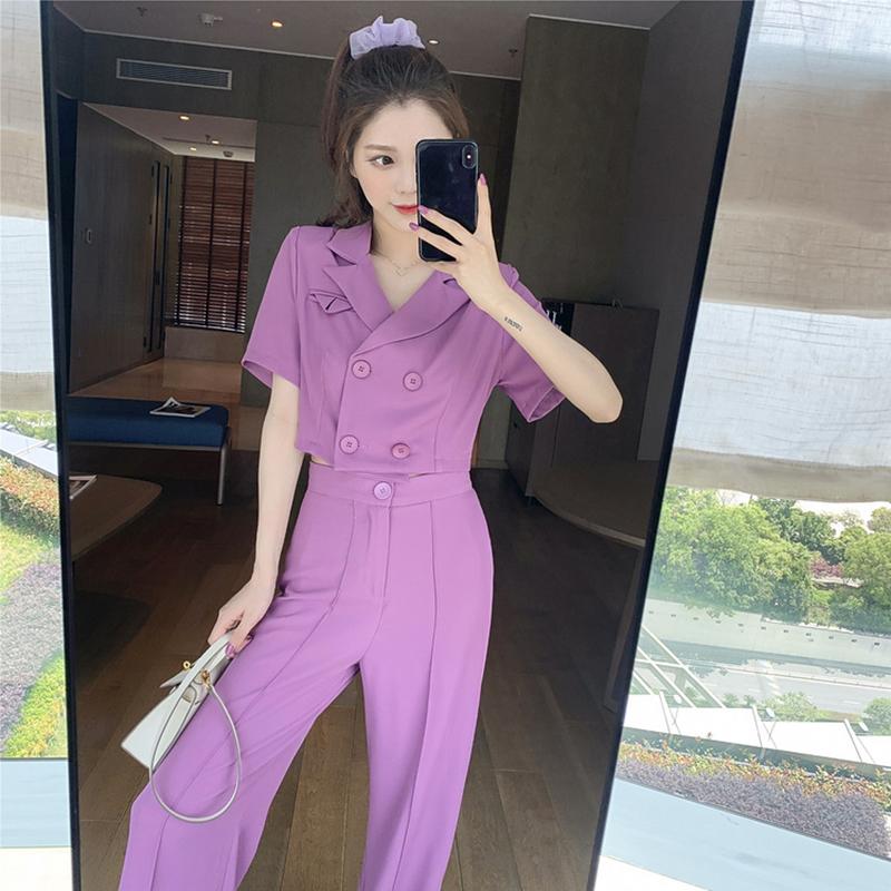 Summer Short Double-breasted Blouse with Wide Leg Trousers Suit Women's Casual Purple Two-piece Suit Women's Casual Suit Chiffon Fabric