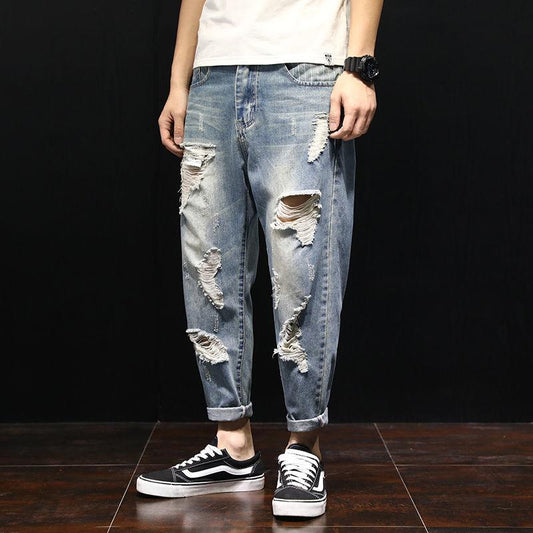 Summer Thin Ripped Jeans Men's Loose Large Size Straight Cropped Trousers