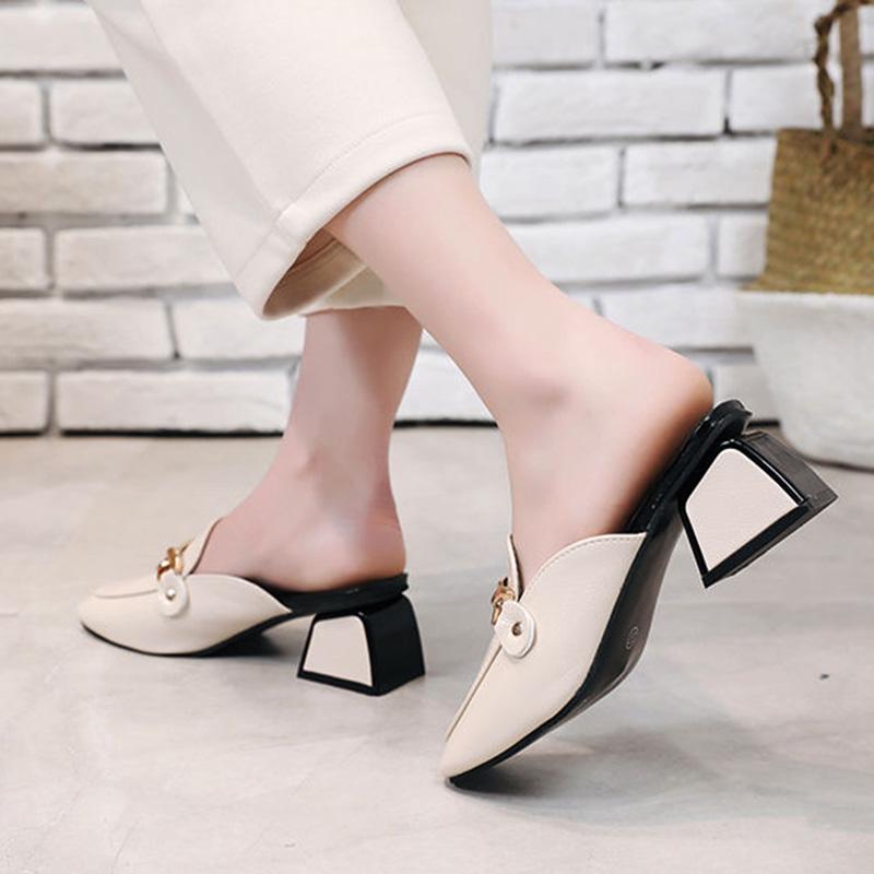 Size 35-39 Women All-match Shiny PU Leather Slippers Outdoor Diamond High Heels Bohemian Beach Wear-resistant Non-slip Thick Heel Sandals