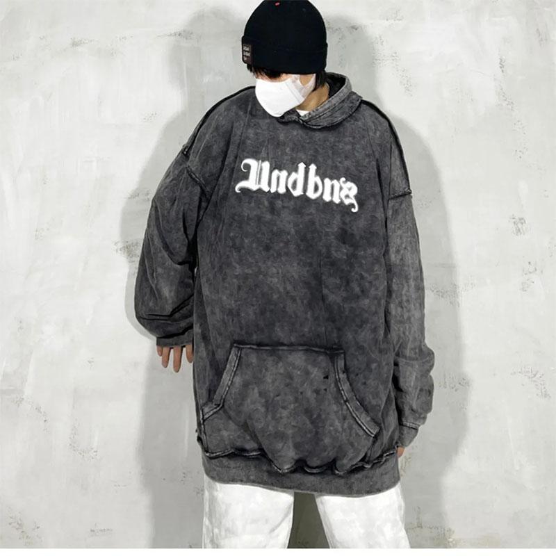 High Street Old Washed Bone Print Hooded Sweater Oversize Couple Sweater Hiphop Retro Casual Loose Long-sleeved Pullover Sweater Man and Women Top