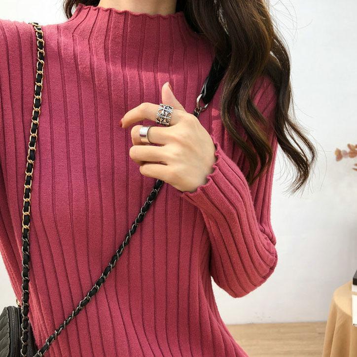 Women's Winter Half High Collar Bottomed Sweater Female Autumn Striped Versatile Loose Elastic Solid Color Sweater