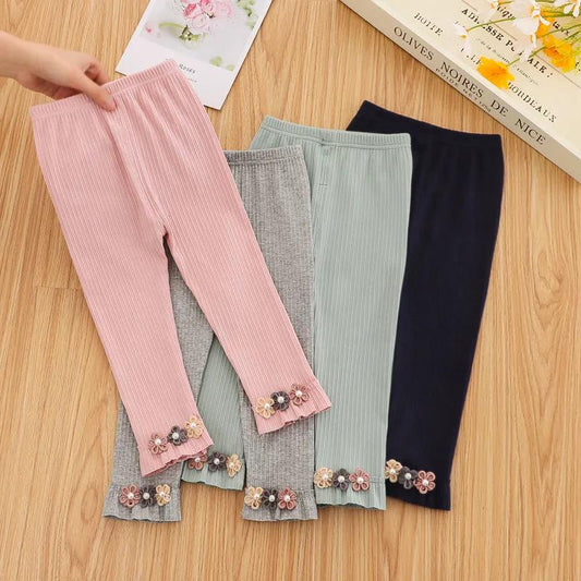 Girls' Leggings Children's Spring and Autumn Thin Flowers Ruffle Korean Cropped Trousers Stretch Pants Baby Outer Wear and Inner Wear