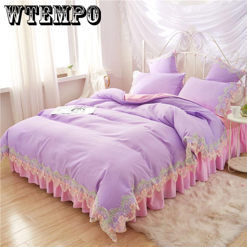 Bedding set bed skirt four sets of fashion lace quilt cover solid color princess wind skin cotton