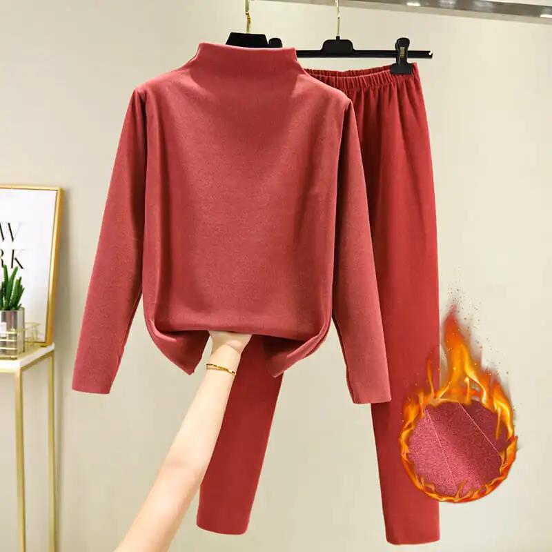 Turtleneck Bottoming Shirt Women Autumn and Winter Double-sided Fleece Heating Warmth Thickened Autumn Clothes Long Trousers Two-piece Suit